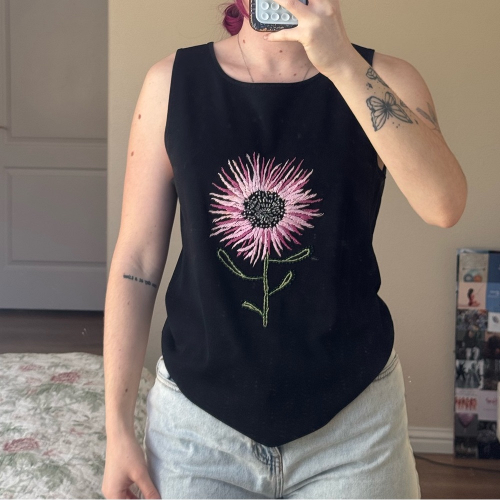 Sweaterworks Black Tank Top with Pink Floral Embroidery